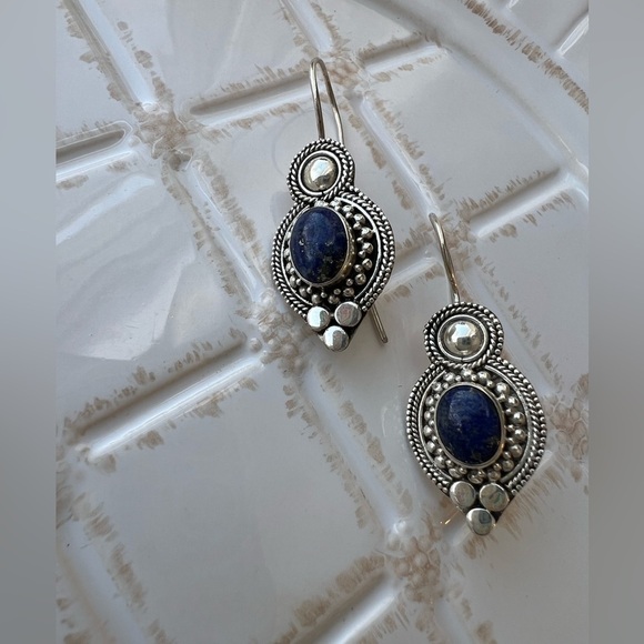 925 Sterling Silver Jewelry - Oval Dangle Earrings Vintage Sterling Silver 925 NOS Blue Stone